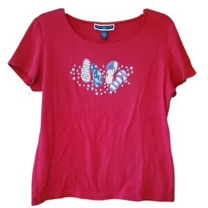 Karen Scott Women's Red Short Sleeve 4th Of July Flip Flop‎ Graphic Top Size L